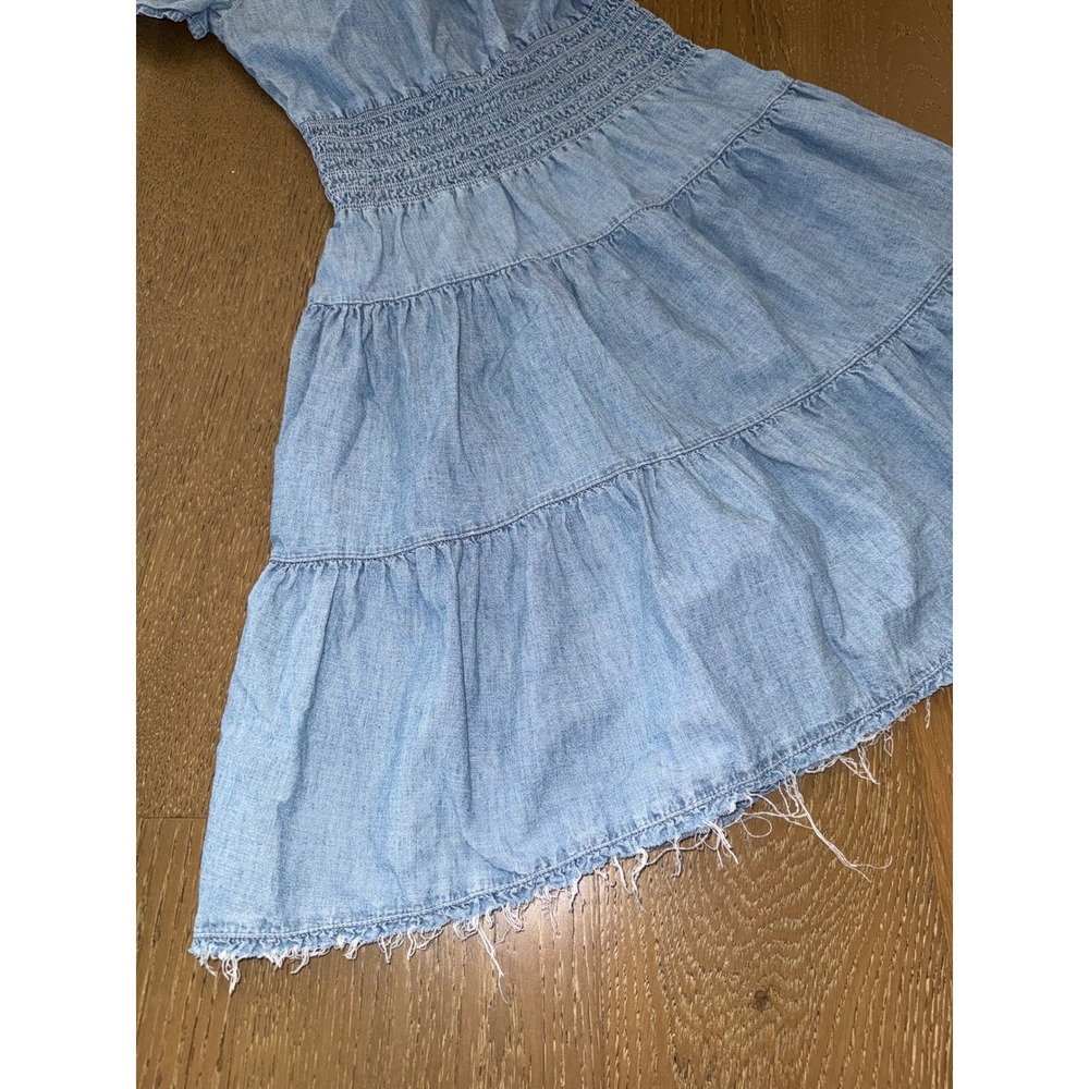 Lauren Ralph Lauren Chambray Off Shoulder Smocked Waist Tiered Mini Dress Blue 2 - Picture 4 of 5